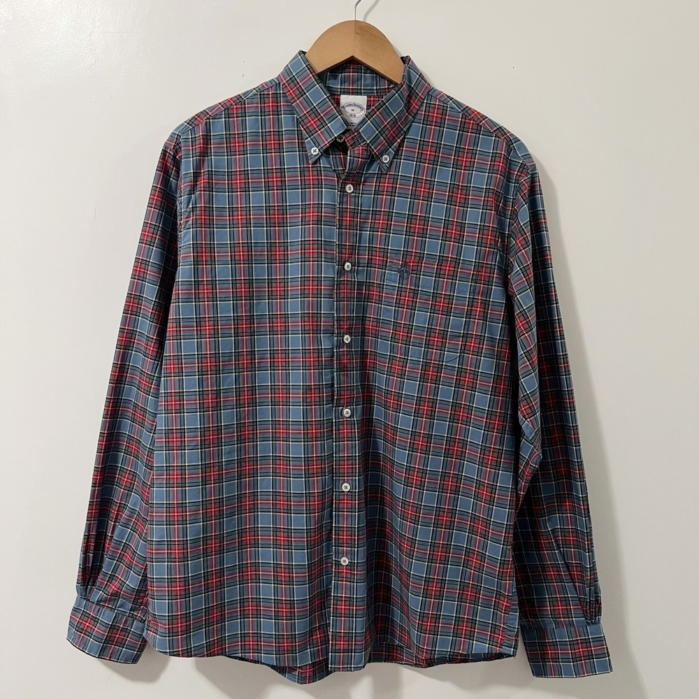 Brooks Brothers 1818 Mens Medium Blue Red Plaid Cotton Button Down Shirt Logo